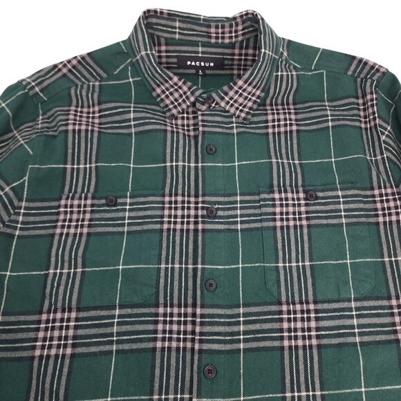 PacSun Flannel Shirt Button Up Men's Size Large Green Plaid Long Sleeve - Picture 1 of 11